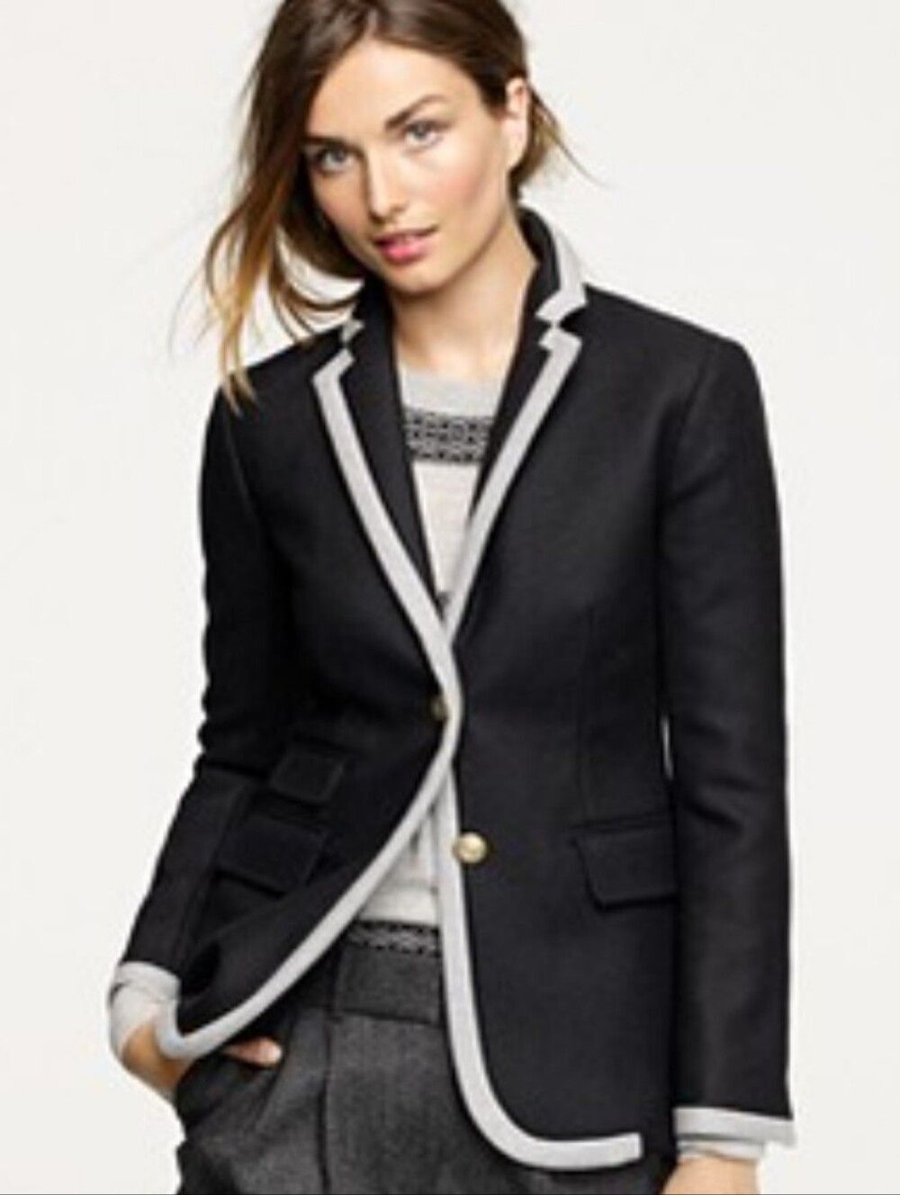 Jcrew 100% Double Serge wool Black Blazer  Ivory Trim S